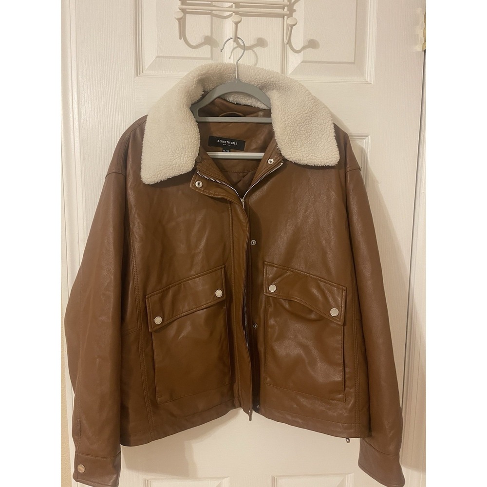 Kenneth Cole Womens Pleather Brown Jack Size XLarge removable Fur Collar